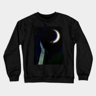 Digital collage and special processing. Hand pointing to the moon. Very beautiful. Blue and green. Crewneck Sweatshirt